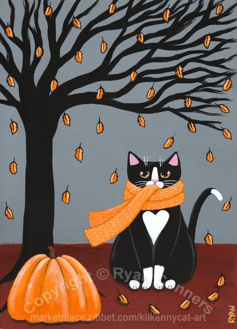 Autumn Tuxedo Cat by KilkennyCat Art Cats And Pumpkins, Autumn Cat, Arte Folk, Tuxedo Cats, Black Cat Art, Tuxedo Cat, Cat Posters, Cats Illustration, Ginger Cats