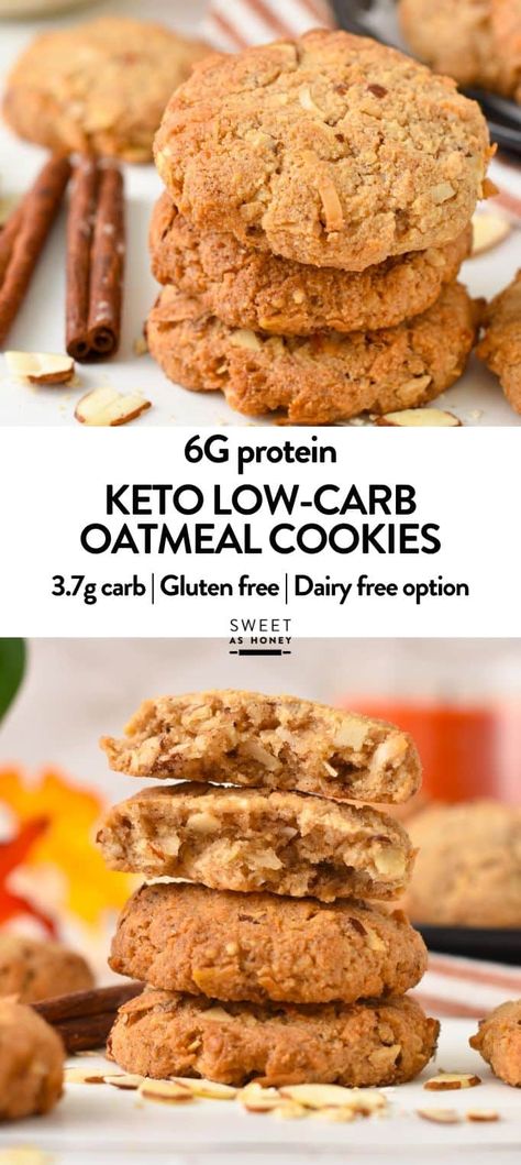 These Keto Oatmeal Cookies are crispy, buttery breakfast cookies with a similar texture as your favorite oatmeal cookies but made with nuts, coconuts, and no oats to keep your blood sugar level steady. Keto Oatmeal Cookies, Low Carb Oatmeal, Oatmeal No Bake Cookies, Keto Oatmeal, Apple Oatmeal Cookies, Oatmeal Cookies Easy, Keto Cakes, Almond Flour Cookies, Keto Sweets