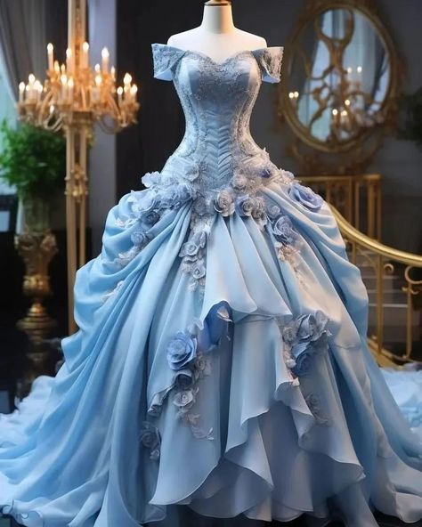 Beautiful blue dress for princesses around the world. Credits: fashions.universe Sweet 16 Ball Gown, Sweet 16 Ball, Dress Bustle, Most Beautiful Dress, Floral Prom Dress, Ball Gown Princess, Floral Prom Dresses, Ball Gowns Princess, Fantasy Dresses