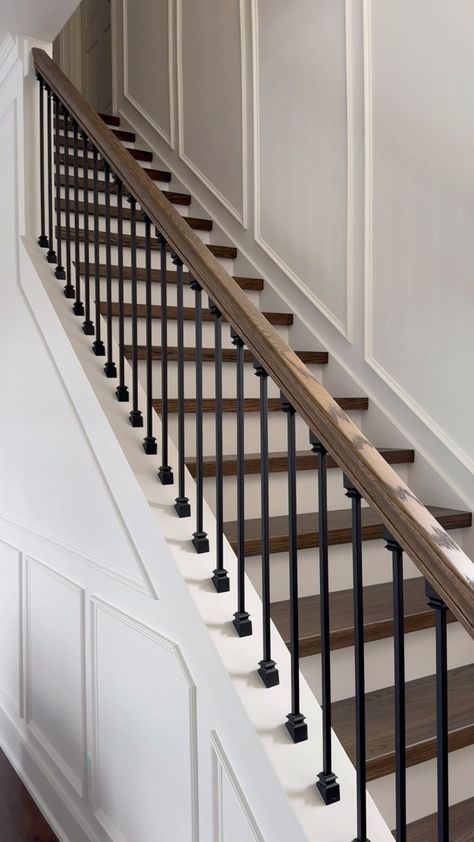 DAP Global Inc. | The perfect staircase makeover does exist 🙌 _ _ _ #DIYWithDAP #diyproject #homemakeover #homeimprovement #staircasedesign #interiormakeover | Instagram Staircase Finishing Ideas, Staircase Railing Ideas, Colonial Staircase, Stairs Remodeling, Open Staircase Ideas, Remodeling Hacks, Stairs Decor, Stair Renovation, Herringbone Flooring