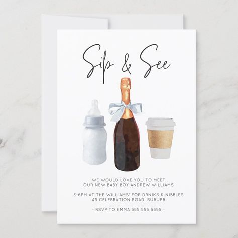 Sip & See Elegant Watercolor Blue Coffee Champagne Invitation  Zazzle Sip And See Party Ideas Girl Decoration, Sip N See Party Ideas Boy, Sip & See Baby Shower Ideas, Sip And See Party Invitations, Sip & See Party Ideas, Meet And Greet Baby Shower Ideas, Baby Sip And See Ideas, Sip N See Party Ideas, Sip And See Baby Shower Ideas