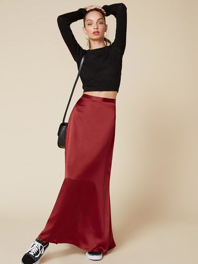 Slip into new silks. This is a slim fitting skirt with slits that hits at the ankle. Satin Red Skirt, Red Satin Formal Skirt, Red Silk Skirt Outfit, Red Satin Skirt Outfit, Red Raw Silk Skirt, Black Full-length Silk Skirt, Black Silk Full-length Skirt, Red Silk Skirt, Red Satin Skirt