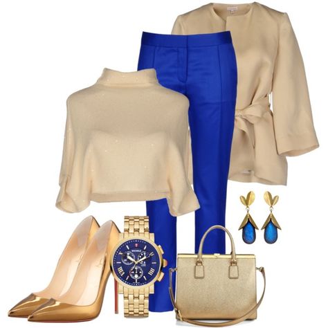 Cobalt blue pants outfit. Royal Blue Pants Outfit, Blue Trousers Outfit, Cobalt Blue Pants, Blue Pants Outfit, Royal Blue Outfits, Royal Blue Pants, Mode Ab 50, Pants Outfit Work, Gold Outfit