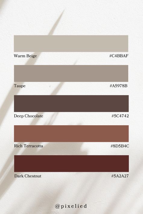 This palette blends soft, neutral tones with rich, earthy hues, creating a harmonious and inviting aesthetic. The combination of warm beige, taupe, and deep chocolate with rich terracotta and dark chestnut provides a natural, grounded feel ideal for cozy, sophisticated spaces. Taupe Mood Board, Dark Neutral Color Palette, Earth Tones Interior, Soft Neutral Aesthetic, Earthy Tones Aesthetic, Taupe Color Palettes, Neutral Tones Aesthetic, Terracotta Bedroom, Color Scheme Generator