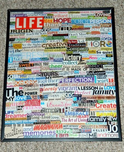 Got old magazines laying around that you don't know what to do with? Just cut out words, and glue them to a frame! To get really krafty, make it say something! I did this, and it makes a great room decoration! What To Do With Magazines, Magazine Diy Crafts, Crafts With Magazines, Things To Do With Old Magazines, Magazine Clipping Art, Collage Word Art, Recycling Magazines Crafts, Magazine Art Projects, How To Make Newspaper Collage