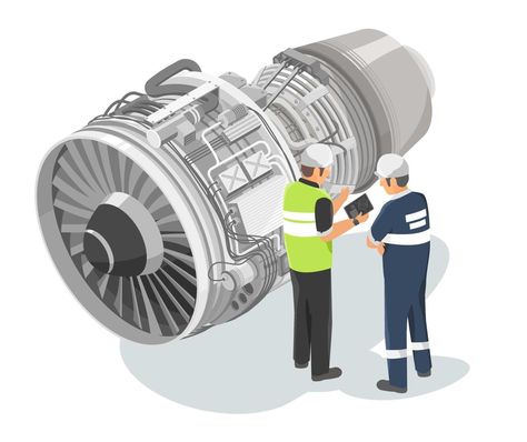 Aircraft engineer planning with mechanician maintenance jet engine engineering technicians checking service airplane turbine diagram isometric isolated on white Aircraft Maintenance Technician, Plane Mechanic, Aircraft Technician, Aircraft Maintenance Engineer, Airplane Wallpaper, Aircraft Maintenance, Aircraft Engine, Jet Engine, Transportation