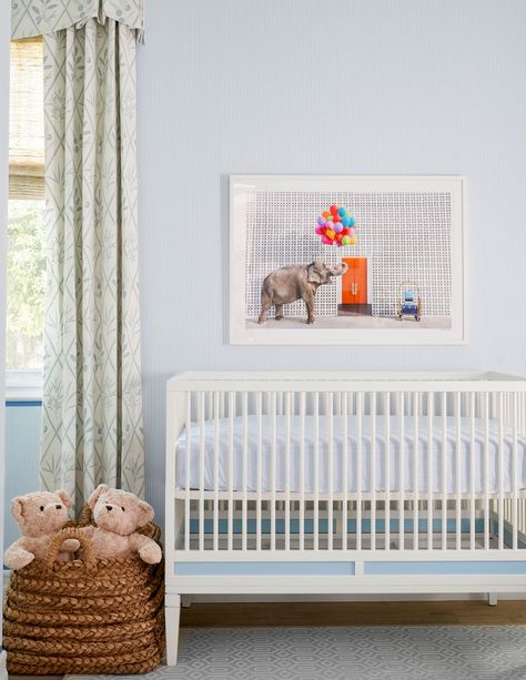 Amy Berry Design  Nursery for Gray Malin + Jeff Richardson As Seen in House Beautiful   Photography: Nathan Schroder  Location: Los Angeles Blue Nursery Girl, Dark Stained Wood Floors, Transitional Nursery, Amy Berry, Blue Stripe Wallpaper, Charming Dining Room, Blue Nursery Boy, Wooden Cribs, White Accent Pillow