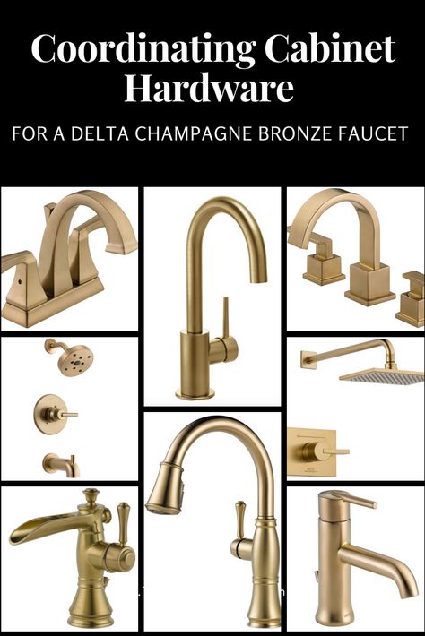 Coordinating Cabinet Hardware for a Delta Champagne Bronze Faucet - The story of my search for the perfect hardware to go with my new Delta Champagne Bronze faucet and my favorite coordinating hardware pieces to help you find your own perfect match! #kitchenremodel #remodel #brass #champagnebronze #kitchenfaucet #kitchenhardware Champagne Bronze Faucet, Champagne Bronze Bathroom, Champagne Bronze Kitchen, Delta Champagne Bronze, Kitchen Faucet Repair, Champagne Bronze Hardware, Bronze Cabinet Hardware, Bronze Kitchen, Bronze Fixtures