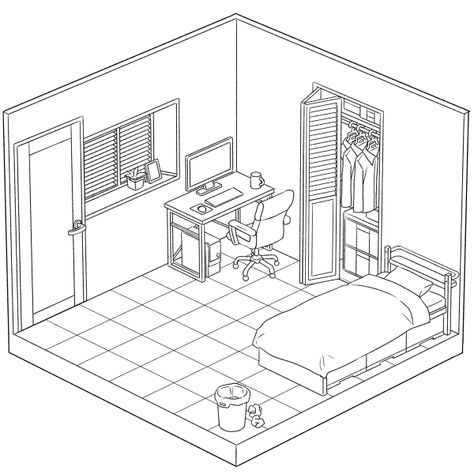 Isometric Sketch, App Drawings, Bedroom Illustration, Learn Interior Design, Bedroom With Bathroom, Bedroom Drawing, Isometric Drawing, Perspective Drawing Lessons, Flower Art Drawing