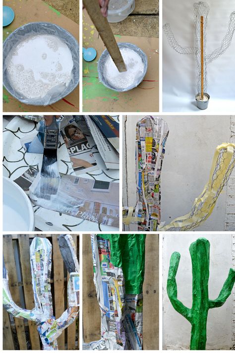 Chicken Wire Paper Mache, Paper Mache Plants, Giant Paper Mache, Paper Cactus, Cactus Craft, Pva Glue, Wire Craft, Paper Mache Clay, Cactus Diy