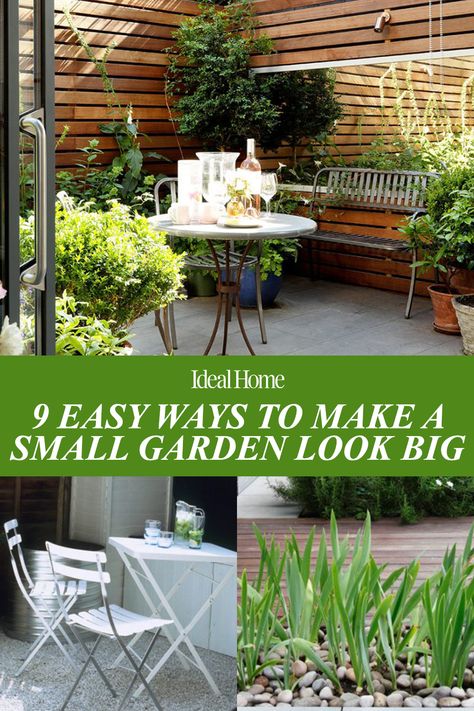 How to make a small garden look bigger in 9 easy steps. Gardening expert shares clever tricks to maximise space in a small garden. Wouldn’t it be nice to make a tiny garden feel a little less cramped? Try these simple ideas to consider how to make a small garden look bigger. From thoughtful planting ideas to using mirrors, these are easy to do tips and tricks to make the most of any limited outdoor space. #smallgardentricks #smallgardenideas #smallgardenlookbigger #howtomakesmallgardensbigger Small Garden Organization, Small Patio Planting Ideas, Tiny Courtyard Ideas Simple, Simple Courtyard Ideas, Tiny Garden Design Ideas, Garden Design Hacks, Tiny Back Garden Ideas Uk, Very Small Garden Ideas Backyards, Make Garden Look Bigger