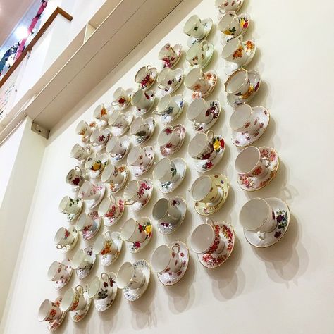 "Cup of tea anyone?"  Wall display at the Cath Kidston flagship... Tea Cup Hanging Display, Tea Cup Wall Display, Tea Cup Display Ideas Modern, Tea Cup Display Ideas, Tea Cup Display, Cup Display, Tea Display, Teacup Crafts, Wall Displays