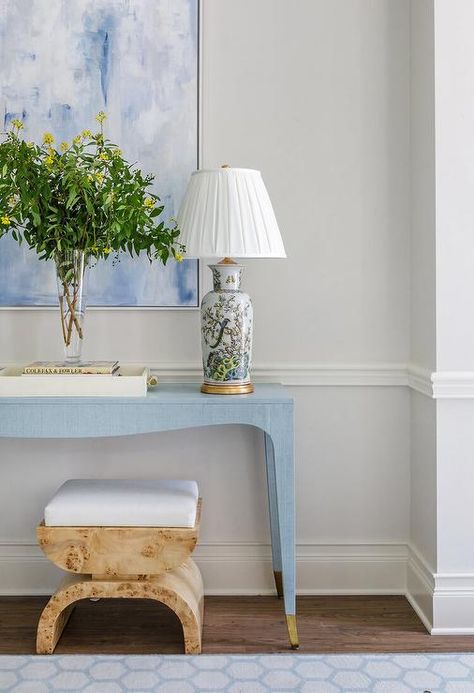 Burl Wood Console Table Entryway, Burl Wood Entry Table, Foyer Table With Stools, Light Blue Console Table, Blue Console Table Entryway, Stools Under Console Table, Blue Chinoiserie Wallpaper, Buffet Styling, Wood Entry Table