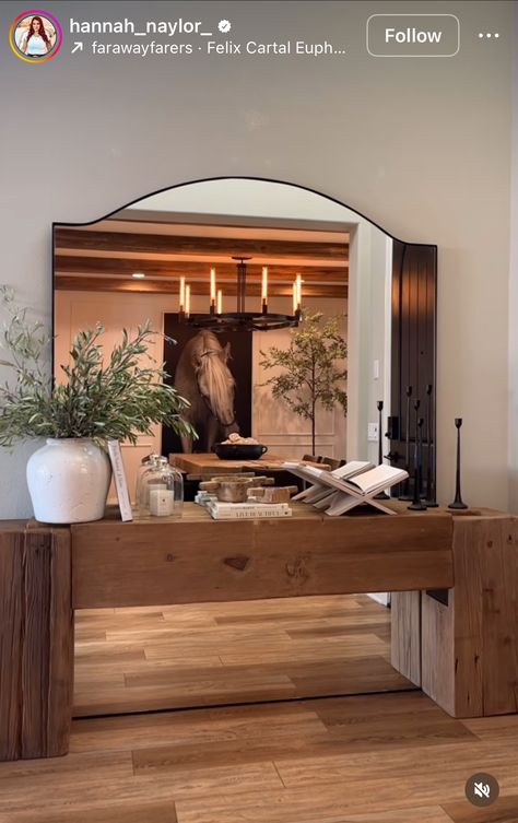 Big Mirror In Foyer Entry Ways, Front Entrance Mirror, Big Mirror In Entryway, Large Entry Way Mirror Ideas, Entry Way With Mirrors, Large Entry Way Wall Ideas, Entry Foyer Ideas Entrance, Entry Credenza, Large Mirror Entryway