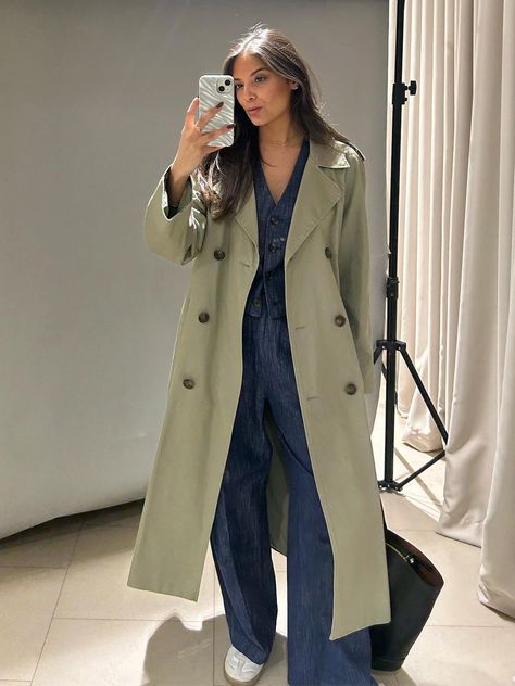 M&S Has Perfected the Expensive-Looking Trench Coat for Spring | Who What Wear Sage Trench Coat Outfit, Olive Green Trench Coat Outfit, Green Trench Coat Outfit, Trench Outfit, Longline Trench Coat, Green Trench Coat, Trench Coat Outfit, Coat Outfit, Fits Inspo