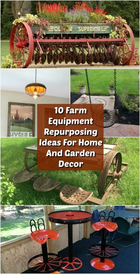 10 Artistic Farm Equipment Repurposing Ideas For Home And Garden Decor  #diy #decor #garden #repurpose #upcycle #reuse #rustic Garden Diy Decoration Ideas, Living Wall Garden, Repurposing Ideas, Garden Decor Diy, Old Farm Equipment, Dekor Diy, Garden Borders, Rustic Garden Decor, Decoration Inspiration