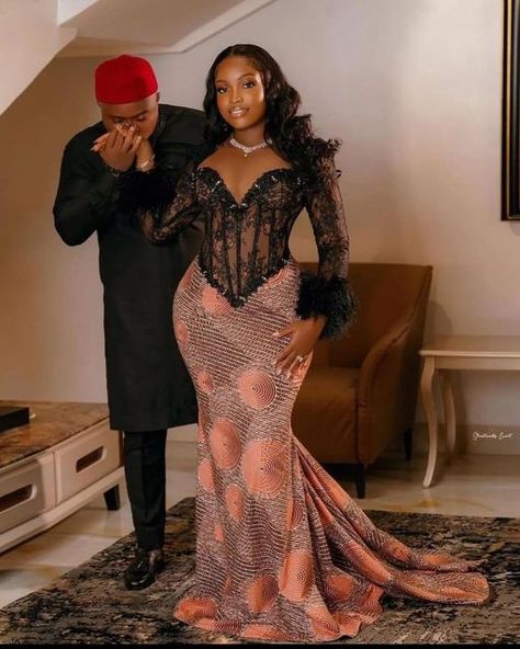 Clothes For Couples, Ankara Clothes, Ankara Wedding Styles, Gown Ankara, African Couple, Couples African Outfits, Long Mermaid Dress, Nigerian Lace Styles Dress, Nigerian Lace Styles