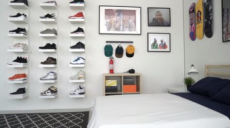 IKEA Creates The Ultimate Sneakerhead Bedroom Sneaker Storage Ideas, Hypebeast Room Ideas, Sneakerhead Bedroom, Sneaker Room, Skateboard Room, Hypebeast Decor, Sneakerhead Room, Sneaker Displays, Hypebeast Room