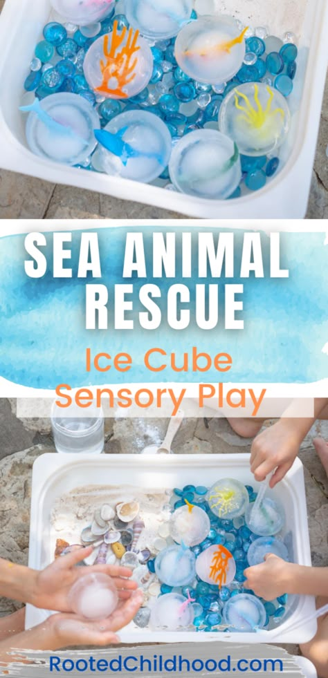 Sea Animal Sensory Activities, Sea Creatures Sensory Play, Open Ended Sensory Activities, Cold Sensory Play, Sensory Ice Play, Sea Animal Toddler Activities, Sea Animals Toddlers Activities, Ice Rescue Activity, Beach Themed Sensory Play