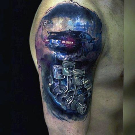 Purple Shaded Car Engine Tattoo Male Arms Mechanical Arm Tattoo, Justin Tattoo, Engine Tattoo, Moon Phases Tattoo, Mechanic Tattoo, Mechanical Arm, Car Tattoos, Creepy Tattoos, Menu Sign