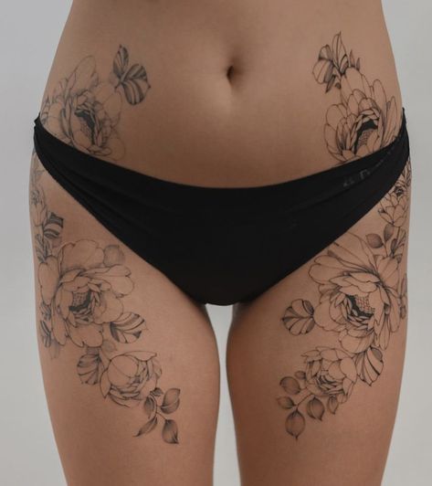 Symmetrical Floral Hip Tattoo by Grey Bones Symmetrical Hip Tattoos, Floral Hip Tattoo, Hip Tattoo, Thigh Tattoo, Bones, Tatting, Tattoos, Floral