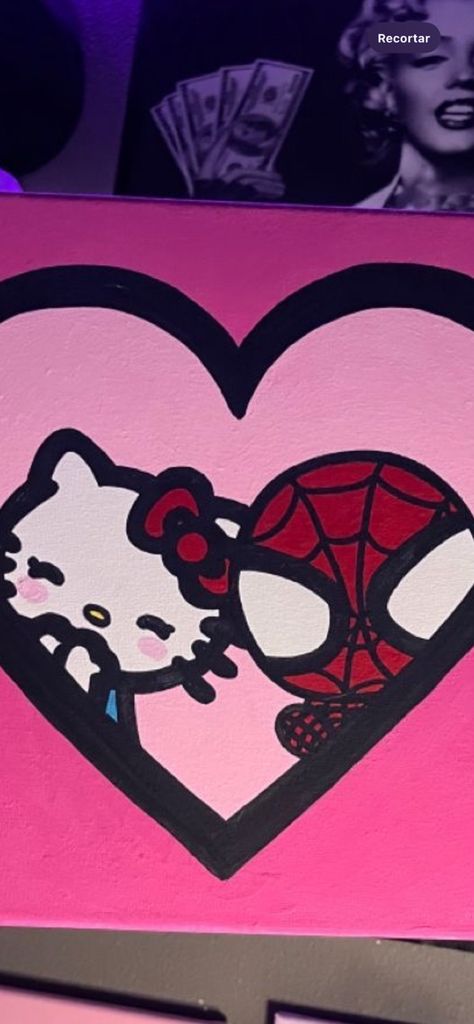 Hello Kitty And Batman Painting, Spider Man Painting Easy, Cute Paintings For Bf, Spiderman Canvas Painting, Spiderman Canvas Art, Spiderman Canvas, Spiderman Painting, Batman Painting, Hello Kitty Painting