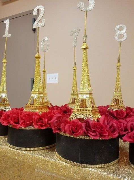 Paris Centerpieces, Paris Theme Centerpieces, Paris Quinceanera Theme, Paris Prom Theme, Paris Theme Party Decorations, Theme Dinners, Bolo Paris, Paris Party Decorations, Paris Sweet 16