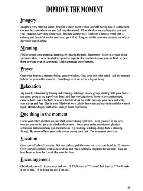 Improve the Moment - DBT SKILLS APPLICATION SELF-HELP Distress Tolerance Activities, Dbt Skills Worksheets, Dbt Activities, Dbt Therapy, Coping Skills Activities, Distress Tolerance, Dbt Skills, Dialectical Behavior Therapy, Mental Health Facts