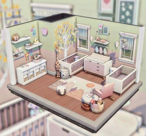 Sims 3 Decorating Ideas, Sims 4 Houses For Family, Twin Room Sims 4, Sims Nursery Base Game, Sims Twin Bedroom, Sims 4 Nursery Base Game, The Sims 4 Twins Bedroom, Twins Room Sims 4, Sims 4 No Cc Characters