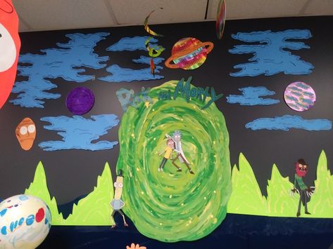 Rick And Morty Bulletin Board, Rick And Morty Decorations, Rick And Morty Decor, Rick And Morty Party, Science Room Decor, Selfie Studio, Science Room, Ra Ideas, Rick Y Morty