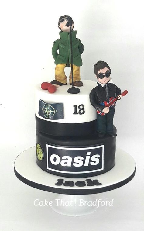 Oasis Cake by cake that Bradford Oasis Cake, 40 Cake, 30th Birthday For Him, 18th Party, Island Cake, Guitar Cake, 40th Cake, Liam And Noel, 2 Tier Cake