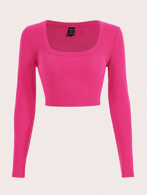 Hot Pink Casual Collar Long Sleeve Knitted Fabric Plain  Embellished High Stretch  Women Clothing Pink Long Sleeve Crop Top, Long Sleeve Shirt Outfits, Hot Pink Shirt, Hot Pink Tops, Pink Long Sleeve Shirt, Pink Crop Top, Crop Top Outfits, Long Crop Top, Pink Outfits