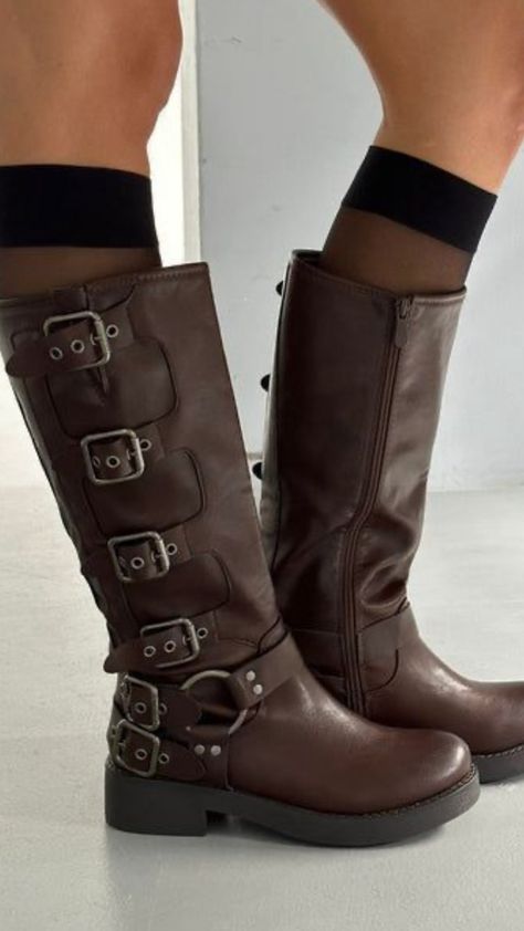 Buckle Boots Outfit, Mid Calf Boots Outfit, Brown Biker Boots, Moto Boots Outfit, Buckled Boots, Brown Mid Calf Boots, Boots With Buckles, Summer Boots, Faux Leather Dress