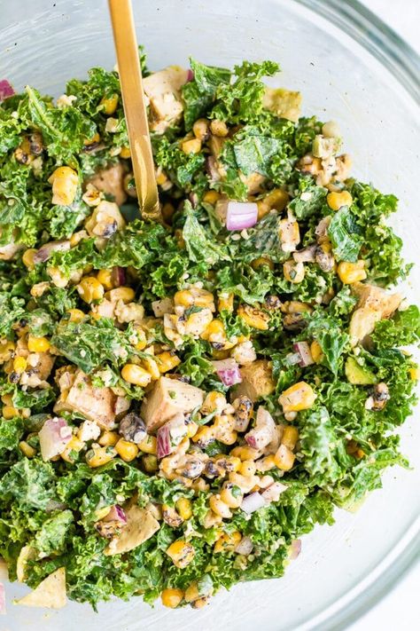 This Mexican street corn kale salad turns esquites into a meal-sized salad with kale, grilled chicken, avocado and tortilla chips! #kale #corn #salad #glutenfree #chicken #avocado #tortillachips #eatingbirdfood Kale Corn Salad, Corn Kale Salad, Healthy Mexican Street Corn, Grilled Chicken And Avocado, Kale Chicken Salad, Grilled Chicken Avocado, Cornbread Salad, Healthy Mexican, Mexican Street Corn