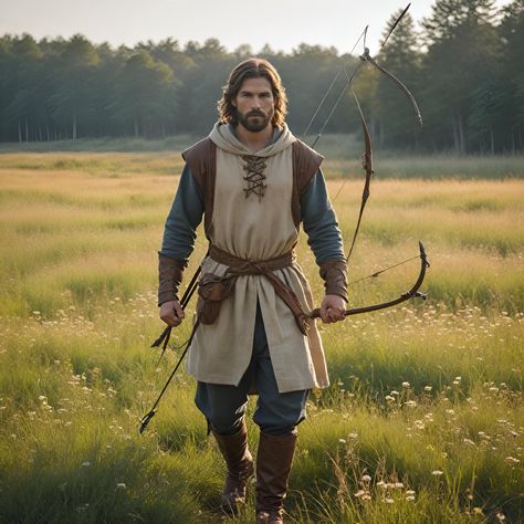 This Medieval Exquisite Archer Costume is the epitome of authenticity and craftsmanship, designed for the discerning man who appreciates historical accuracy blended with functional elegance. The ensemble is centered around a richly detailed tunic that captures the rugged yet refined essence of a bow hunter from the Renaissance era. Made from high-quality, durable materials, it features intricate stitching and period-appropriate embellishments that bring the character to life. The tunic is comple Hunter Outfit Men, Medieval Hunter, Men Ren Faire Costume, Midevil Outfits Man, Ren Faire Outfits Men, High Fantasy Clothing, Renfaire Outfit Ideas, Archer Costume, Medieval Archer