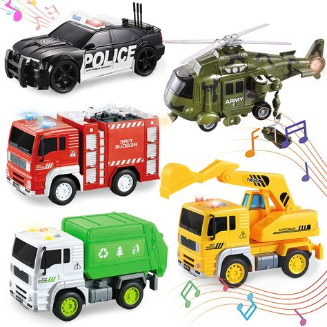 PRICES MAY VARY. 5 pack 1:20 Large Emergency Rescue Set(8 inch) includes five "City Hero" Themes: 1 army helicopter with basket & hanger, 1 waste collection truck, and 1 Engineering truck, 1 Firefighter Vehicle, 1 Police car. Various realistic lights, sounds sirens, motor part make these cars look just like the real thing. Press the button on the top of the car to turn on the lights and sounds(Batteries included). Push and Go friction car! Just push the vehicle forward several times, then let go Army Helicopter, Toddler Birthday Gifts, Classroom Prizes, Helicopter Toy, Waste Collection, Boy Toddler, Car Toys, Police Car, Garbage Truck