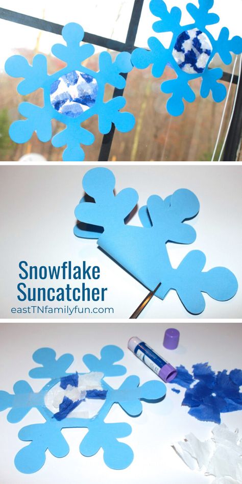 This easy snowflake suncatcher is one of the best winter crafts for kids. With simple and inexpensive supplies you can make as many as you want! This also makes a great learning activity because it can help hone fine motor skills, scissor skills, and more! #wintercraftsforkids #wintercrafts #winter #easttnfun Snowflake Activity For Kids, Cut Out Snowflakes Easy Kids, Winter Suncatcher Craft For Kids, Snowflake Art Projects For Kids Toddlers, Snowflake Suncatcher Craft For Kids, Snowflakes For Kids, Snowflake Suncatcher, Easy Snowflake, Flowers Paper Craft