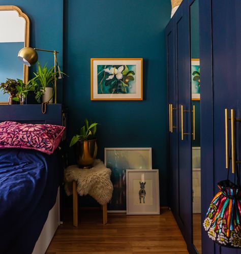 teal and navy bedroom Jewel Tone Bedroom, Pink Dining Chairs, Navy Bedrooms, Lavender Paint, Dark Blue Bedrooms, Blue Bedroom Walls, Teal Bedroom, Blue Bedroom Decor, Moody Bedroom