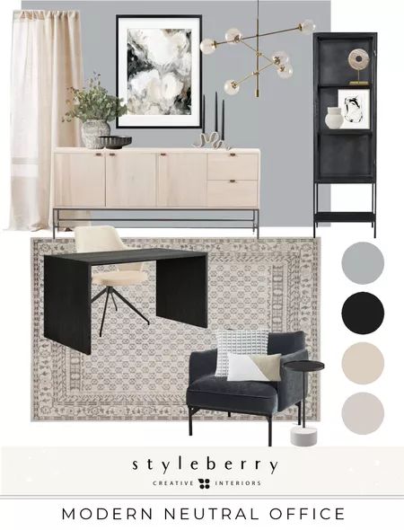 Neutral Home Office Guest Room, Modern Office Mood Board, Home Office Color Palette Ideas, Modern Neutral Office, Office Mood Board, Feminine Office Space, Modern Office Design Inspiration, Kitchen Renos, Transitional Office