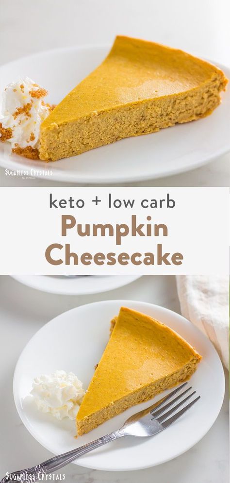 An easy crustless pumpkin spice keto cheesecake that's nut free. Made with real pumpkin and fall spices. Perfect for a healthy dessert during Thanksgiving and holiday recipes. Keto Cheesecakes, Keto Pumpkin Cheesecake, Keto Cakes, Keto Treats, Keto Baking, Pumpkin Cheesecake Recipes, Keto Pumpkin, Thanksgiving 2020, Low Carb Cheesecake