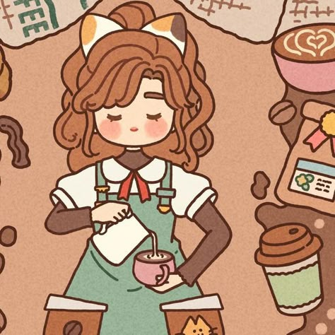 chichi on Instagram: "speedy timelapse of a calico cat cafe barista 🧡🤍🤎☕️ i brought back my monthly girl illustrations for my cafe-themed patreon last month! 🐈☕️ and they’re back for good because i missed drawing them ☺️ they’ll be included in the mailables as a waterproof vinyl sticker, and a noter (without the girl in the middle hehe) 📝 #timelapse #procreate #cat #cafe #barista" Coffee Shop Barista Outfit, Cat Cafe Uniform, Cat Cafe Drawing, Cat Cafe Outfit, Cafe Barista Outfit, Cafeteria Drawing, Barista Character, Barista Drawing, Barista Illustration