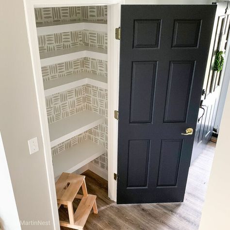 Wire Shelves In Bathroom, Best Small Pantry Design, Closet To A Pantry, Shelves In Pantry Closet, Hall Closet To Pantry Conversion, Coat Closet Pantry Ideas, Double Door Pantry Organization, Small Closet Pantry Ideas Layout, Tiny Pantry Makeover