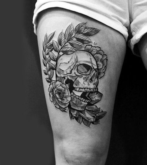 Rose Skull Thigh Tattoos For Guys Guy Thigh Tattoo, Skull Thigh Tattoos, Tumblr Tattoo, Upper Leg Tattoos, Thigh Tattoo Men, Upper Thigh Tattoos, Side Thigh Tattoos, Best Leg Tattoos, Thigh Tat