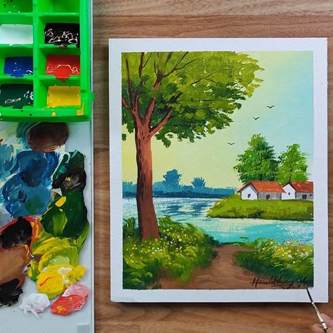 Unique Scenery Painting, Village Painting Easy, Watercolor Art Paintings Landscape, Landscape Watercolor Paintings Easy, Poster Color Painting For Beginners, Crayons Painting, Watercolor Scenery Painting, Trees House, Landscape Sketches