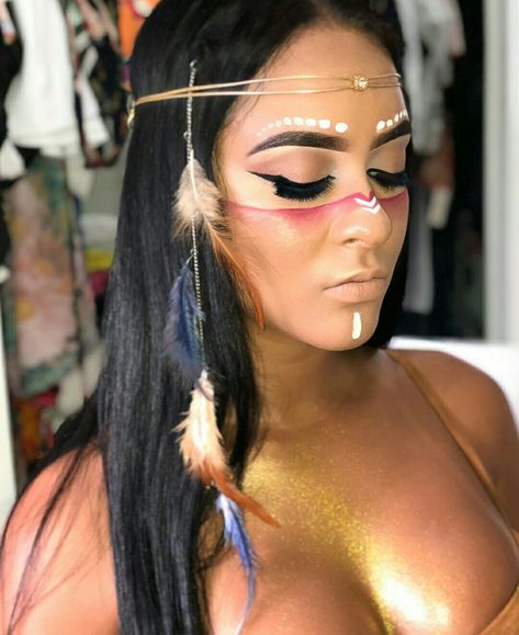 Trible Makeup Look, Indian Makeup Costume, Native American Indian Women Costume Diy, Pocahontas Makeup, Native American Makeup, Halloween Indian, Indian Halloween Costumes, Warrior Makeup, African Makeup