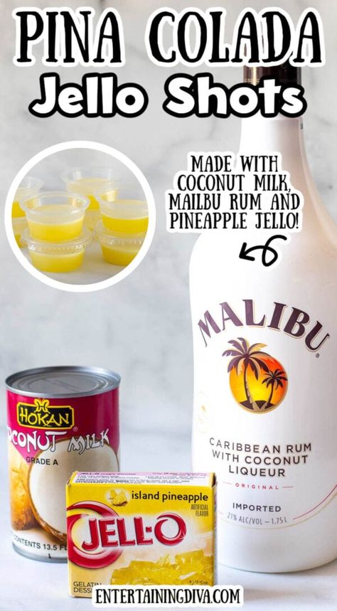 Yellow Jello Shots, Coconut Rum Jello Shots, Pina Colada Jello Shots Recipe, Purple Jello Shots, Birthday Jello Shots, Creamy Pina Colada, Specialty Shots, Fun Jello Shots, Malibu Jello Shots