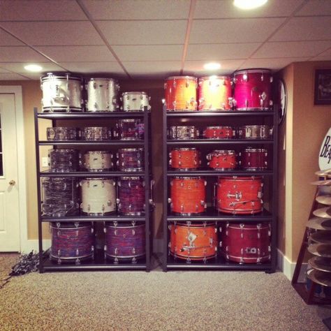 Great idea for drum storage and display.  Found on DrumForumOnline. Percussion Storage Ideas, Drum Storage Ideas, Drum Studio Ideas, Diy Music Studio, Room Ideas Luxury, Drum Room Ideas, Drum Studio, Music Room Organization, Drum Storage