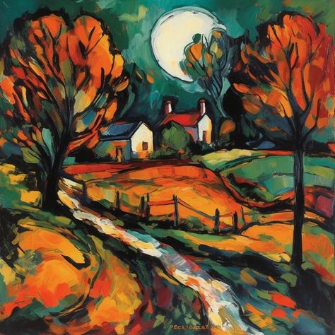 A vibrant and textural Fauvist painting chock-full of intense colors, expressive lines, and flat shapes, creating a captivating scene inspired by de Vlaminck. Fauvist Painting, Things To Draw And Paint, Fauvist Art, Fauvism Art, Expressive Lines, Draw And Paint, Fauvism, Flat Shapes, Rural Landscape