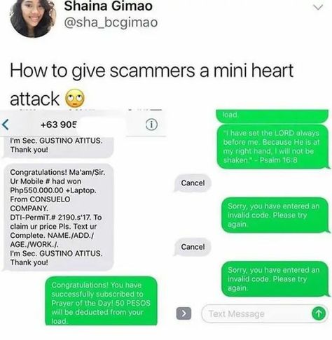 The Heavenly Scam Funny Text Conversations, Funny Texts Jokes, Can't Sleep, Text Jokes, Kale Salad, Funny Messages, Funny Text Messages, Really Funny Memes, Useful Life Hacks