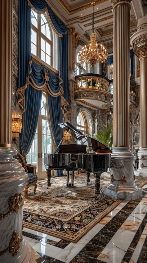 Luxurious Grand Piano: A grand piano sits majestically in an opulent room adorned with lavish decorations and majestic columns. #piano #luxury #opulence #elegance #grand #aiart #aiphoto #stockcake ⬇️ Download and 📝 Prompt 👉 https://ayr.app/l/tjW3 Grand Piano Room Decor, Grand Piano Aesthetic Dark, Luxury Music Room, Dark Piano Aesthetic, Dark House Interior, Piano Room Design, Dark Houses, Grand Piano Room, Piano Room Decor